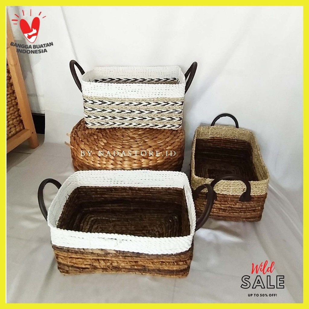 keranjang anyaman seagrass Banana Variasi Putih Dengan Handle / Hampers Box Handle Kulit Premium