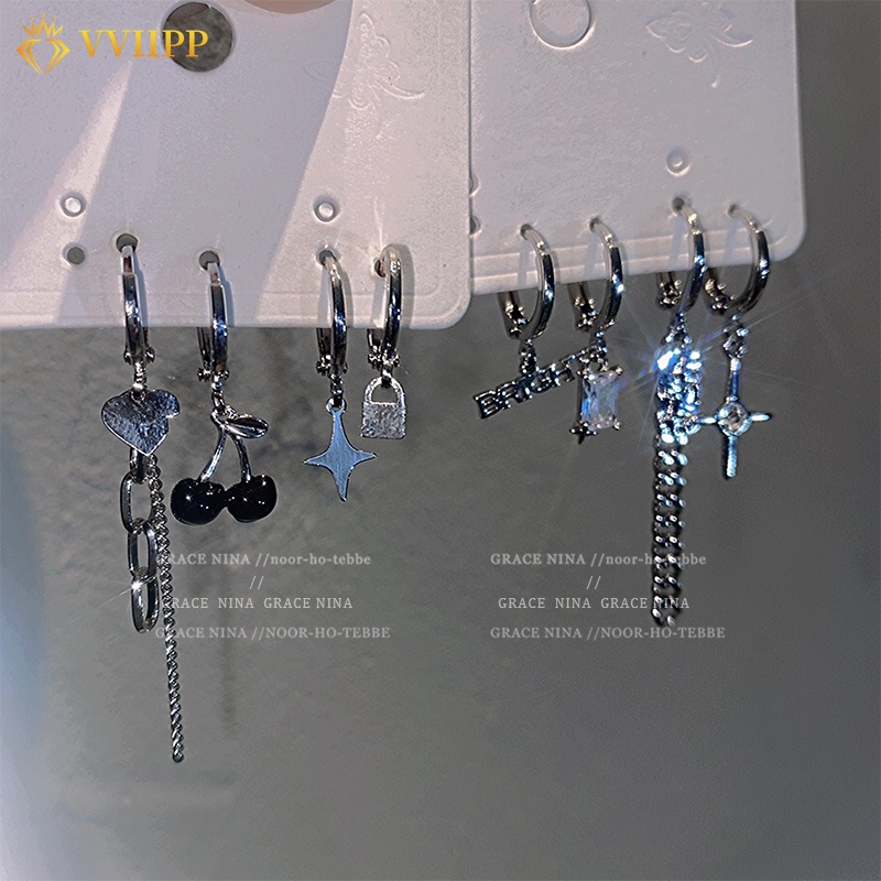 4pcs / Set Anting Hoop Rumbai Desain Cherry Zircon Drop Warna Silver Gaya Retro Untuk Wanita