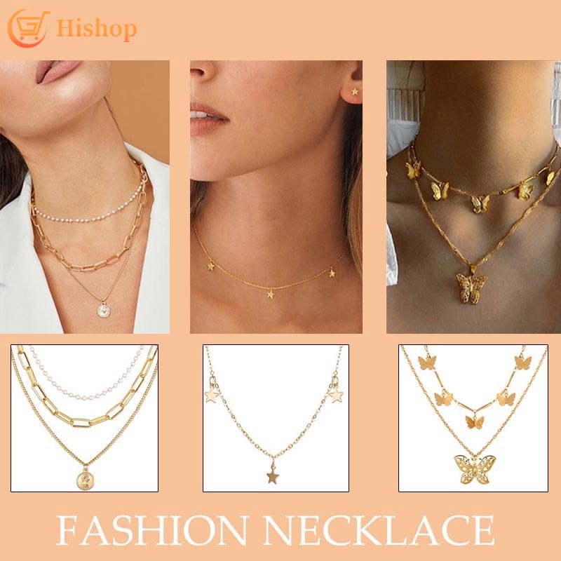 Kalung Choker Rantai Multilayer Warna Emas Aksen Mutiara Gaya Vintage Untuk Wanita