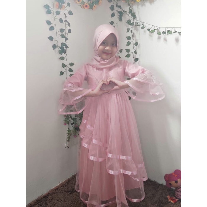 Dress pesta muslim anak perempuan / baju pesta muslim anak perempuan - Rose Gold, 4 ( 4-5thn )