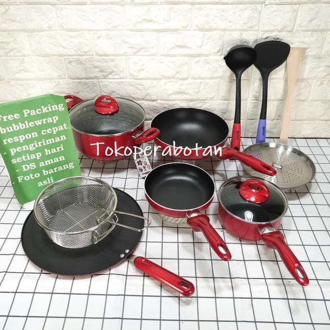 (READY COD) (Bonus 3pcs) Panci set Supra 12pc warna (merah) / steamer / grill - Merah FREE ONGKIR
