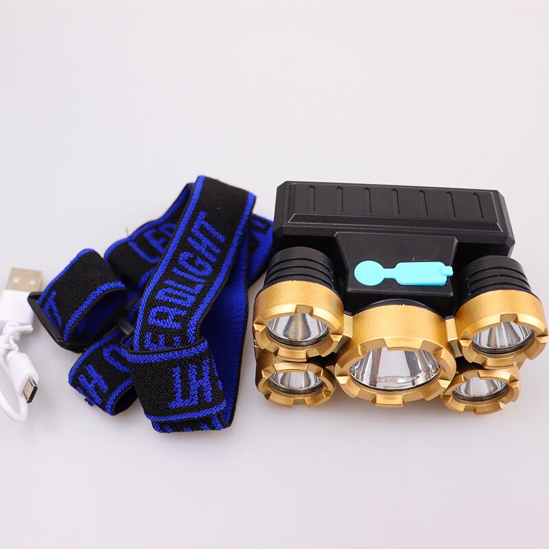 Senter Kepala 5 LED Super Terang USB Rechangeable Waterproof Anti Air 45w 4Mode Cahaya Putih