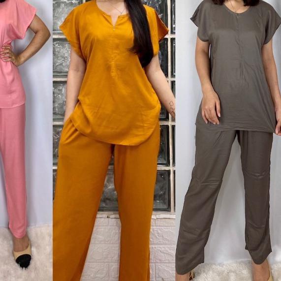 ✧ setelan set polos rayon celana panjang piyama rayon premium cp busui - pink baby ✾