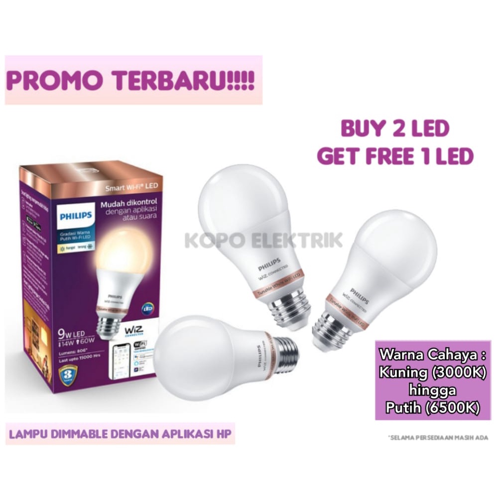 PROMO!! Lampu LED WiFi PHILIPS 9W Original Putih Beli 2 Gratis 1 Lampu Smart Wifi Tunable