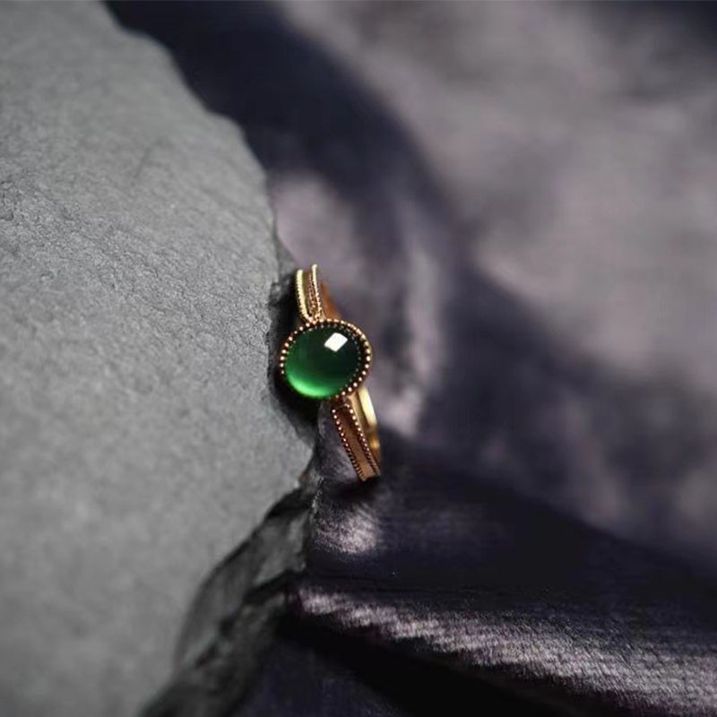 Cincin Emas 18K Dengan Batu Giok Hetian Warna Hijau Tua Untuk Wanita ACKER