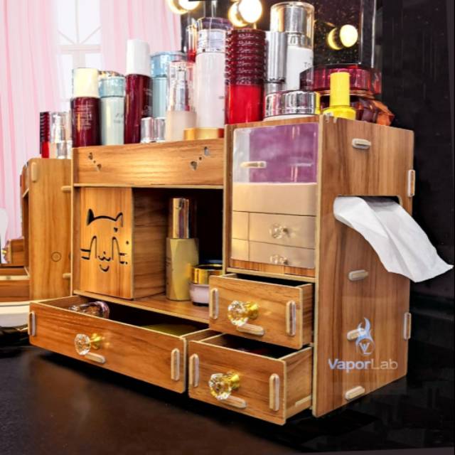 #66 rak tempat kosmetik aksesoris mini kayu desktop cosmetic organizer