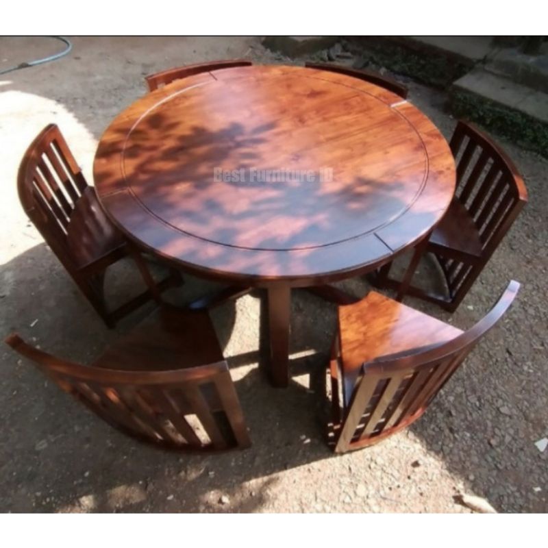 Meja Makan Minimalis Bulat 6 Kursi Kayu Jati - Meja Makan Bundar 6 Kursi Jati