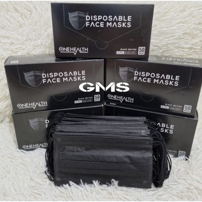 Masker 3 Ply OneHealth Earloop Black Edition Per Box isi 50 Pcs / Disposable Face Mask Black