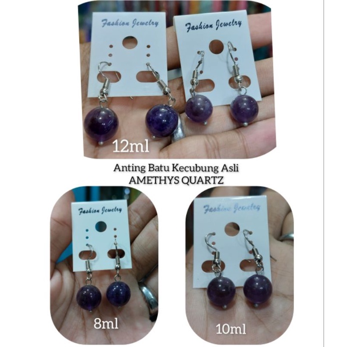 Anting Batu Kecubung Ungu Asli 100% - Sepasang Anting Wanita dari Batu Kecubung Amethys Import