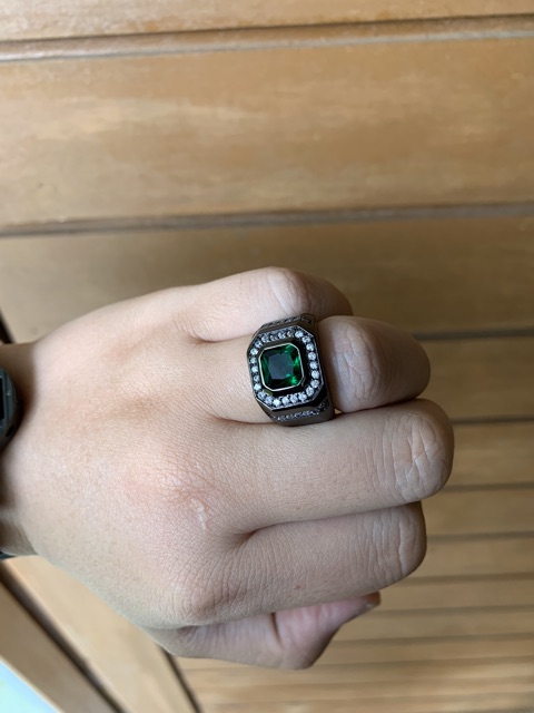 Cincin Pria Akik Zamrud Green Emerald Black Platted Mewah Minimalis Kantoran