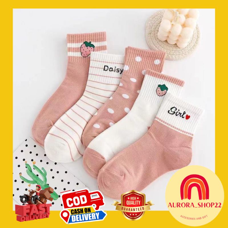 [COD] Kaos Kaki Panjang Di Atas Mata Kaki Kaos Kaki Fashion Import Ala Korea Kaos Kaki Wanita Ala Korea Motif Pink Strawberry