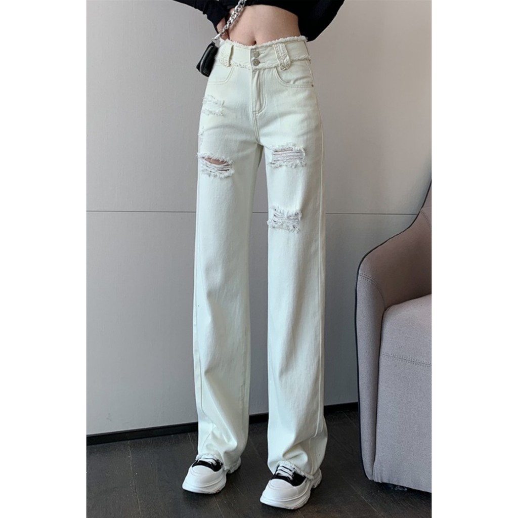 Suhao White High Waist Broken Jeans Celana Panjang Straight Wide Pants Drop Pants Versi Korea Fur Pants Pakaian Wanita Musim Semi dan Musim Panas