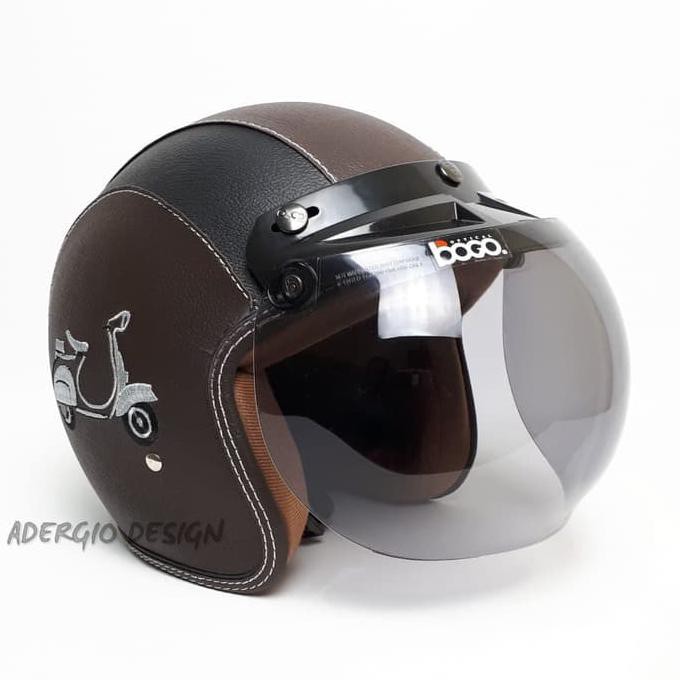 ❤️ KORTING HELM RETRO CEWEK DEWASA❤️ HELM BOGO KACA BOGO ORI MOTIF VESPA COKLAT LIST HITAM