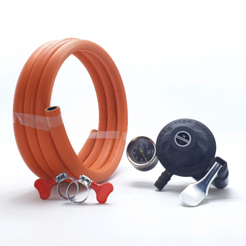 SET Superlock GRS-01 Meter + Selang ORANGE 3 Lapis 2M + 2 Klem Kuping / Regulator Selang Kompor Gas