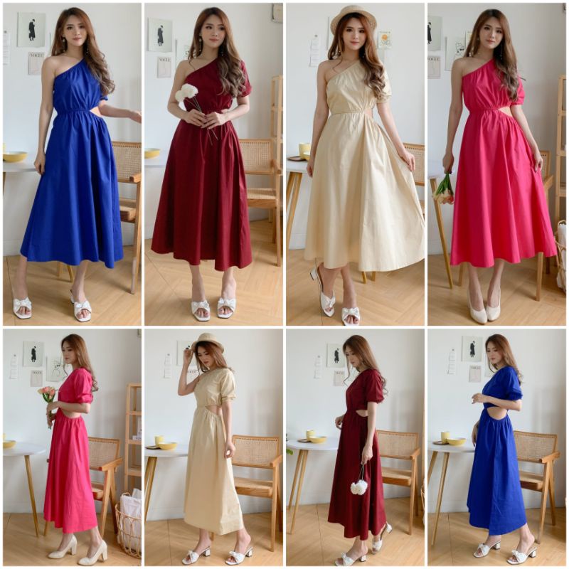 ❣️ SPECIAL PRICE ♡ PREMIUM ♡ ORIGINAL ! ANGIE VINTAGE PLAIN ONE SHOULDER SIDE LESS MIDI PARTY DRESS