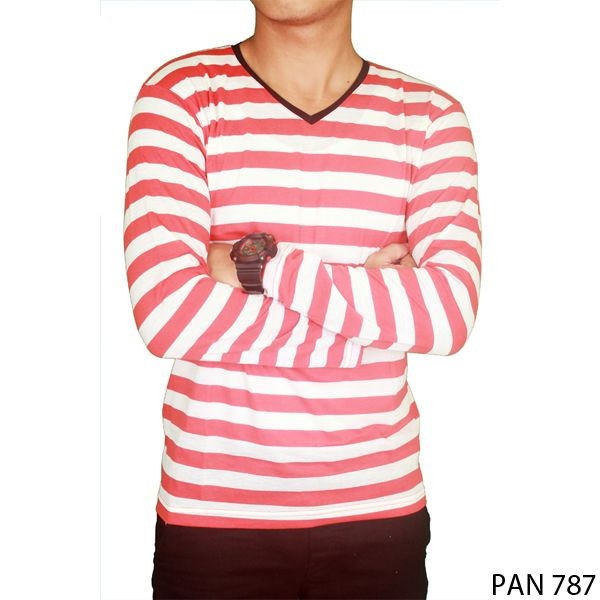 Men’S T Shirt Long Sleeve Salur Merah – Putih – PAN 787