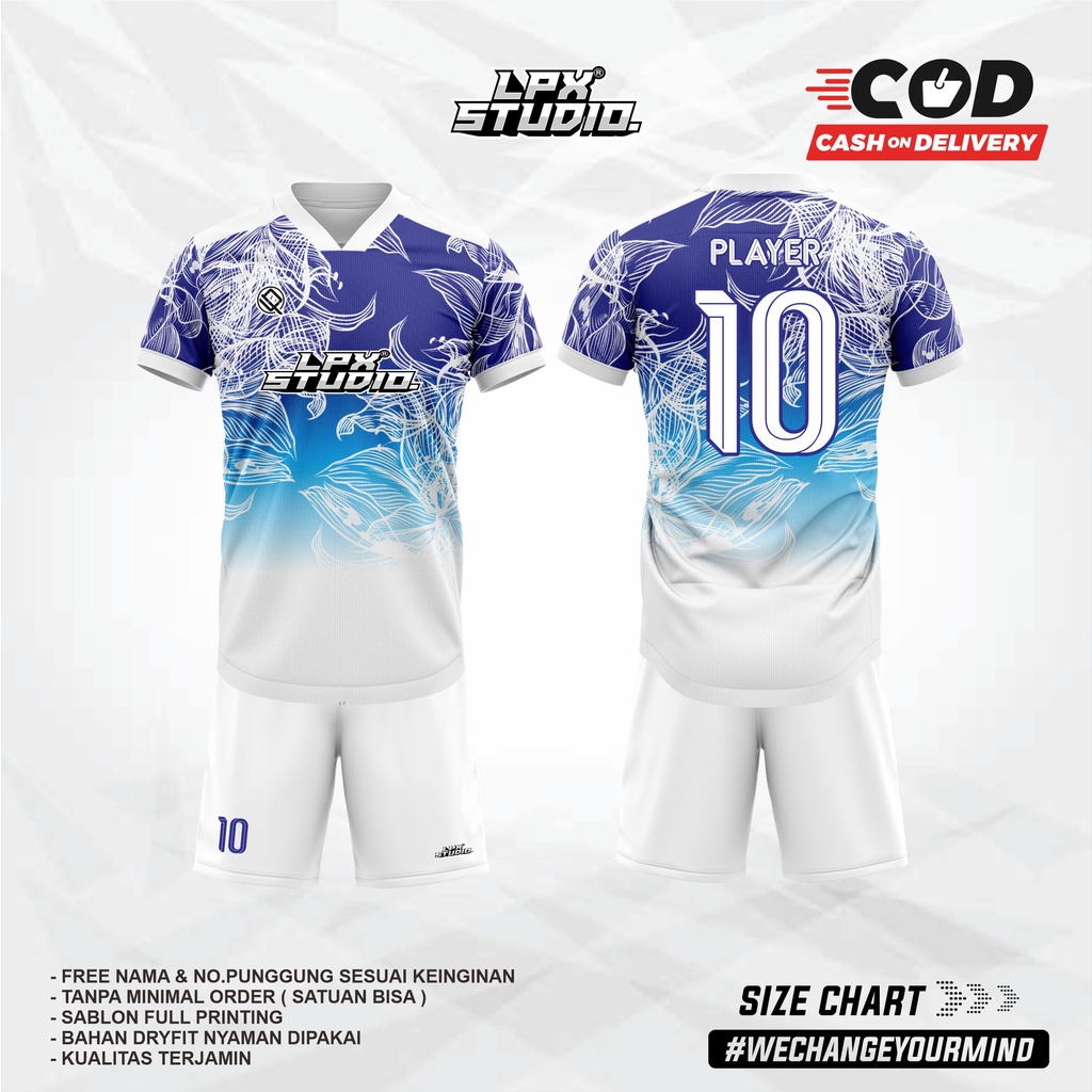 Jersey Futsal | Jersey Sepak Bola | Blue Flower Free Custom Name Set