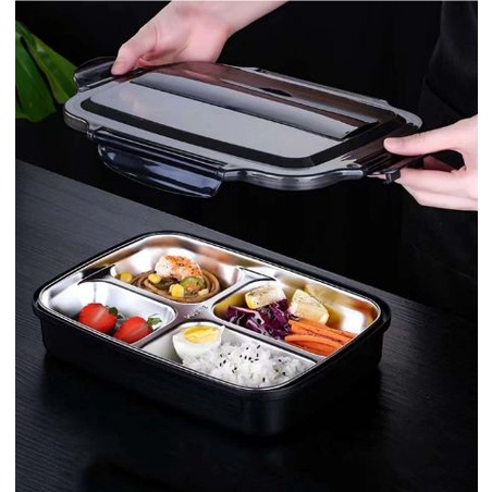 Japan Bento Lunch Box Stainless 4 Grids + Lunch Bag + Set Cutlery / Kotak Makan Stainless