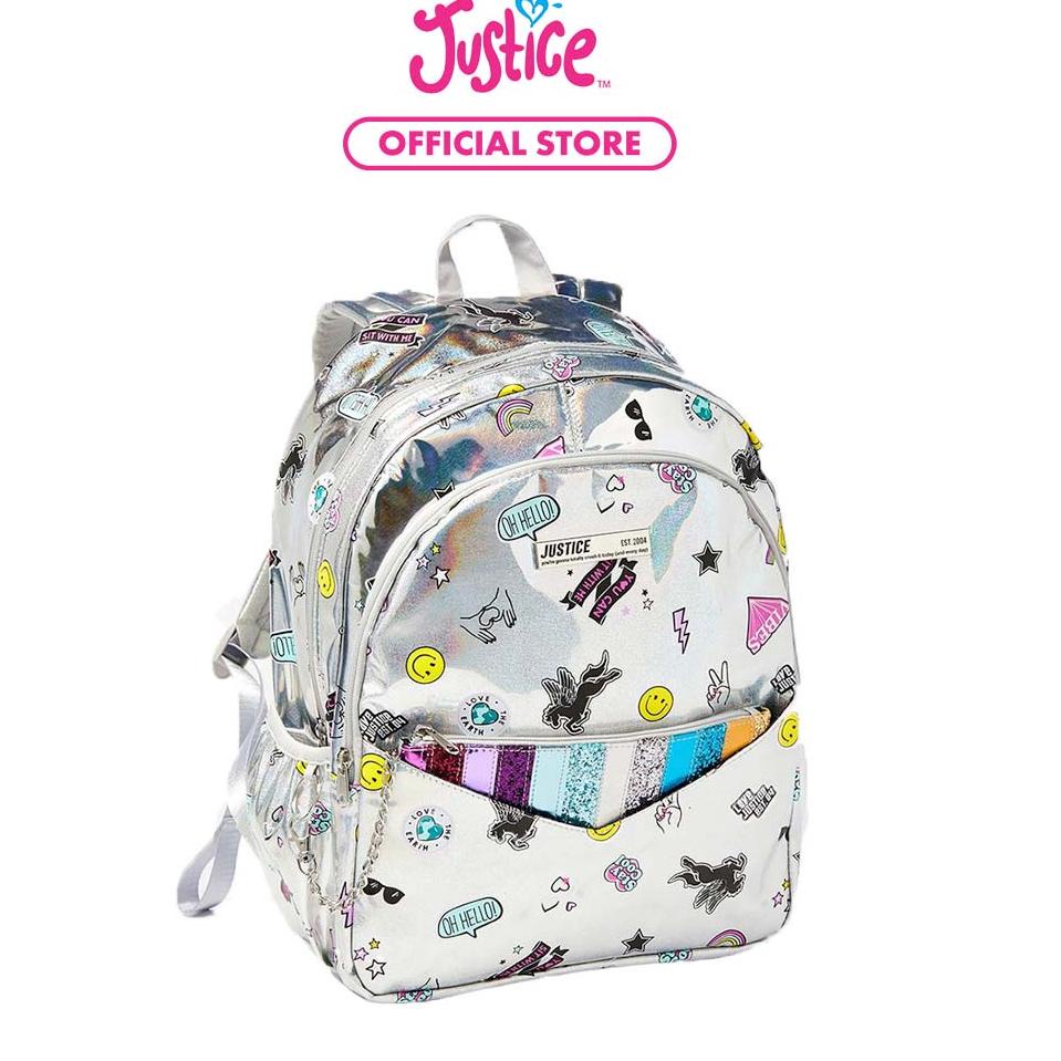 Tren Kekinian.. Justice Girls Holo Sticker Pocket Backpack & Wristlet - Tas Ransel Anak Perempuan (S
