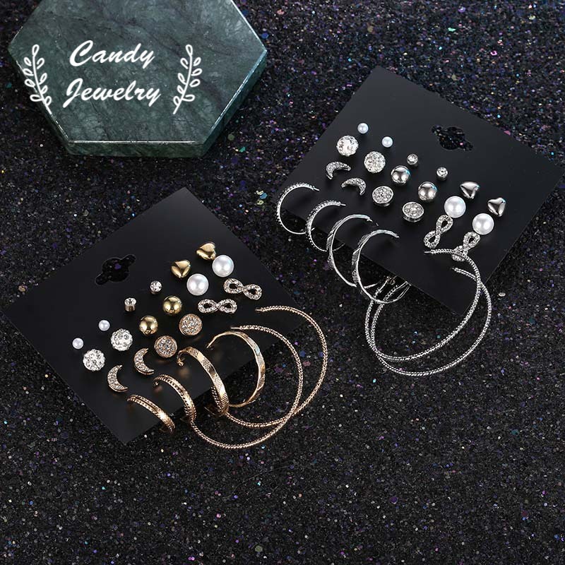 12 Pasang / set Anting Tusuk Bentuk Hati / Bintang / Bulan / Geometri Hias Mutiara / Zircon Untuk Wanita