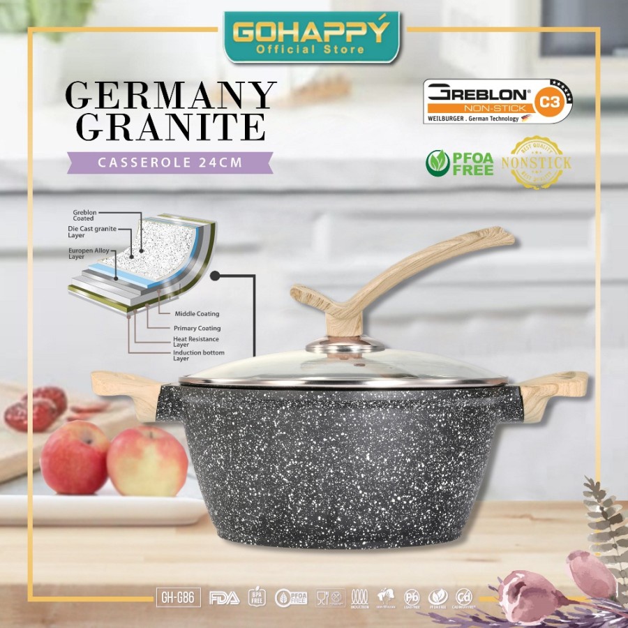 MIZUKI Panci casserole 24 cm Germany granite coating / Gohappy GHG-86 Panci Sup Dutch oven Greblon c3 Jerman