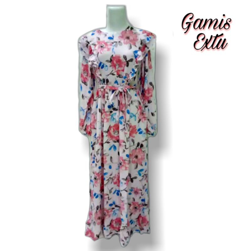 Gamis Extu Bunga Pink Variasi Rempel Dada
