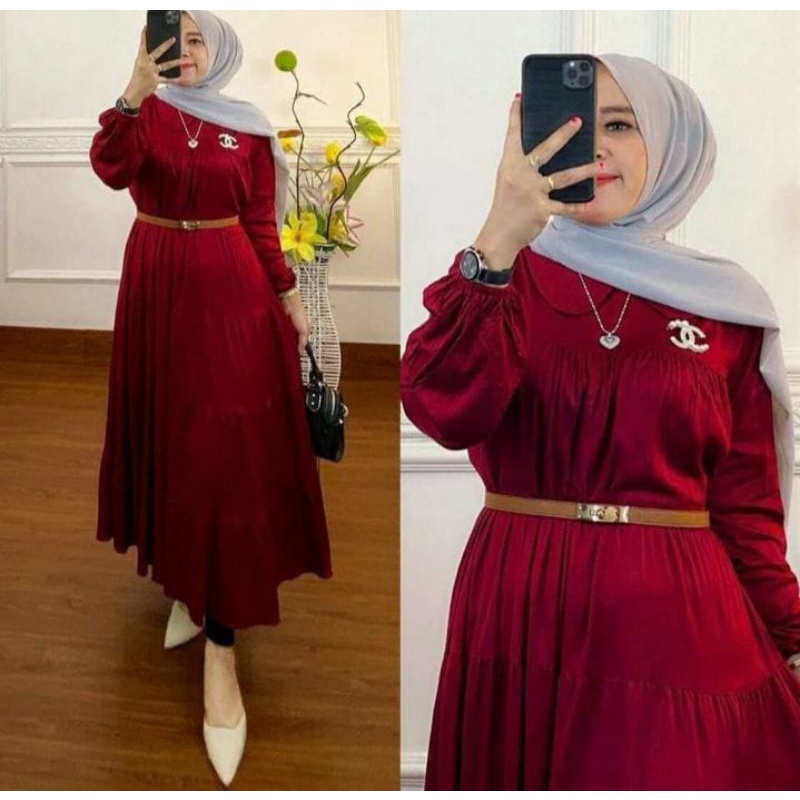 Gamis Midi Dress Rayon Dress Kerah Jumbo