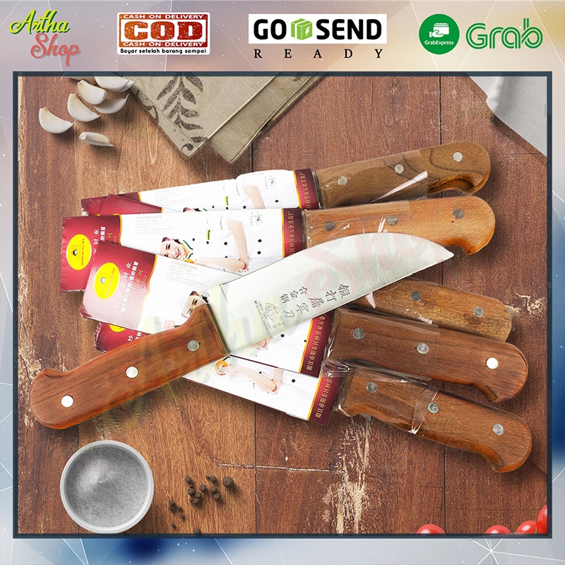 6pcs pisau daging / pisau gagang kayu (tebal 2mm) / Pisau Dapur / pisau daging stainless