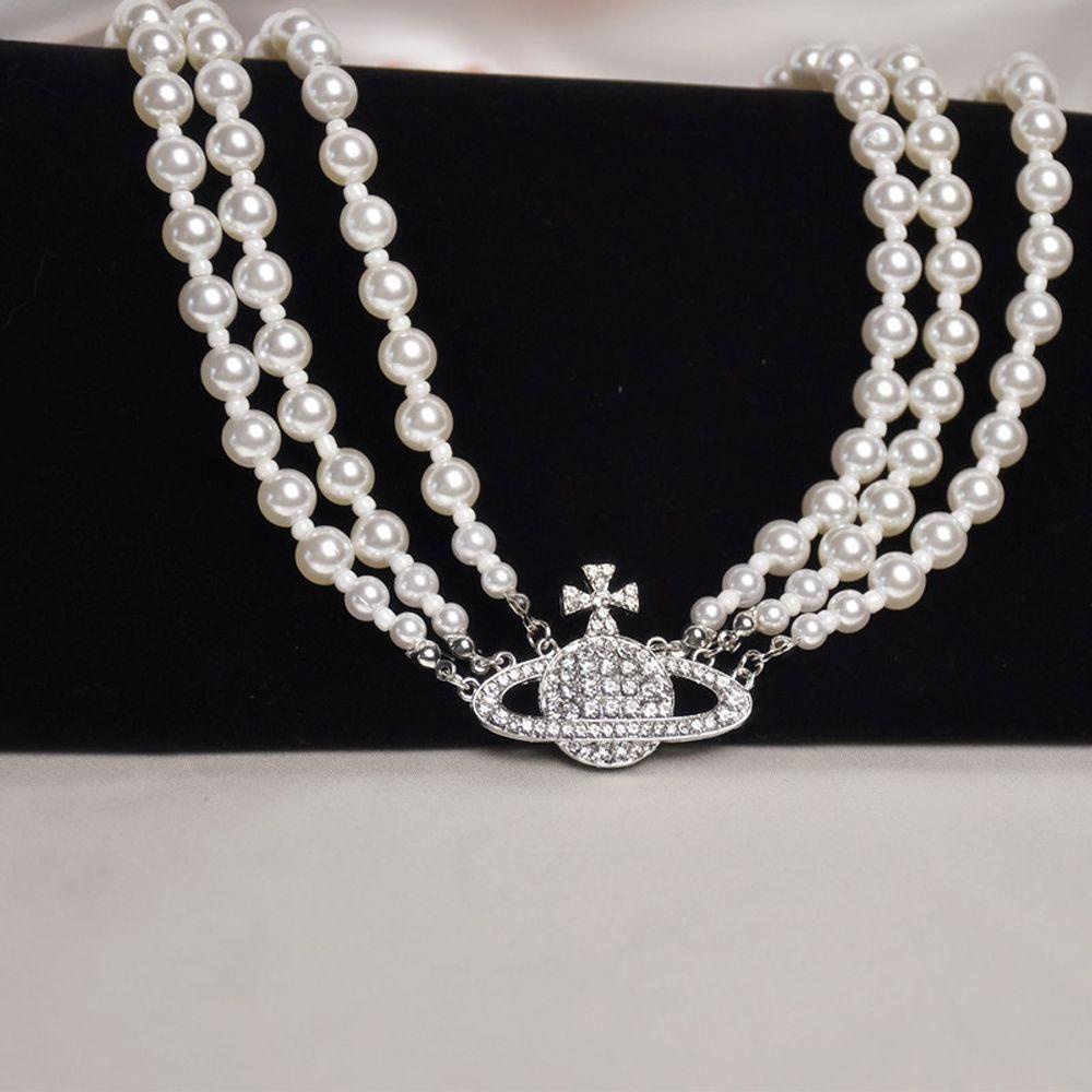 [Elegan] Wanita Kalung Mewah Elegan Tiga Lapisan Berlian Imitasi Salib Saturnus Liontin Alloy Perhiasan Aksesoris