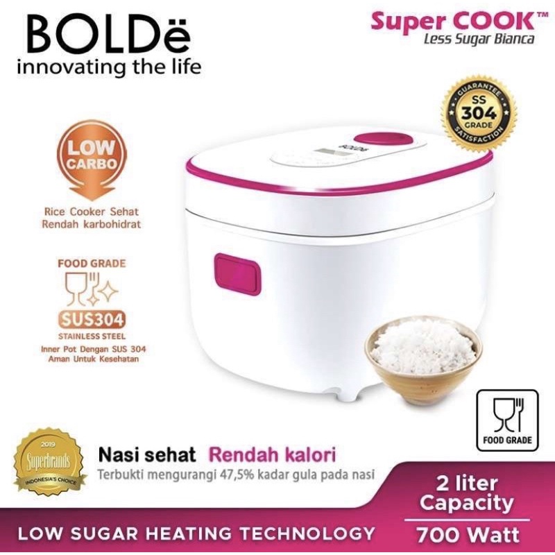 BOLDE SUPER COOK RICE COOKER LESS SUGAR BIANCA [2L] 100% ORI