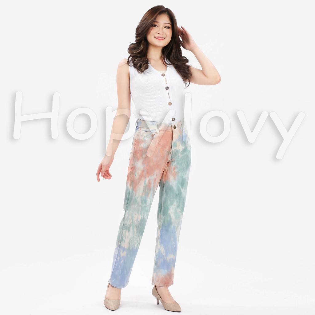 HOPYLOVY - Celana Boyfriend Jeans Wanita Tie Dye Sassa