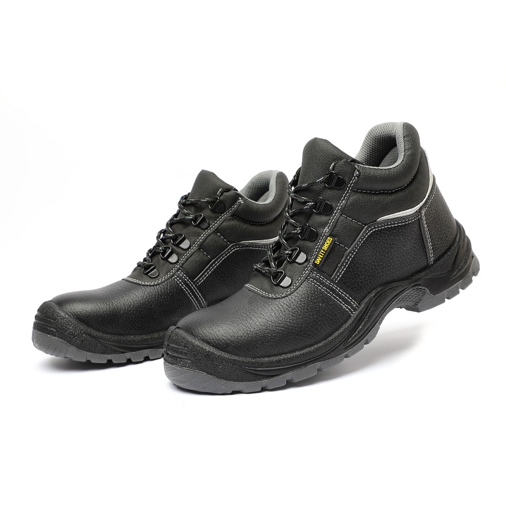 Sepatu Safety Shoes Pria Ujung Besi Middle Cut Anti Slip Hitam Abu