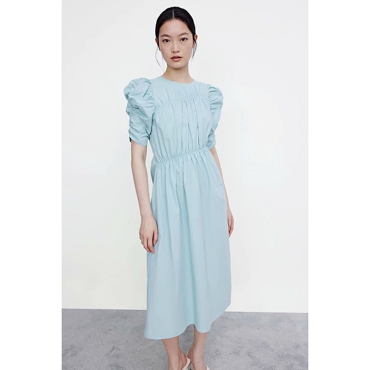 Dress casual import LightBlue Wrinkle Sleeve korea style biru muda