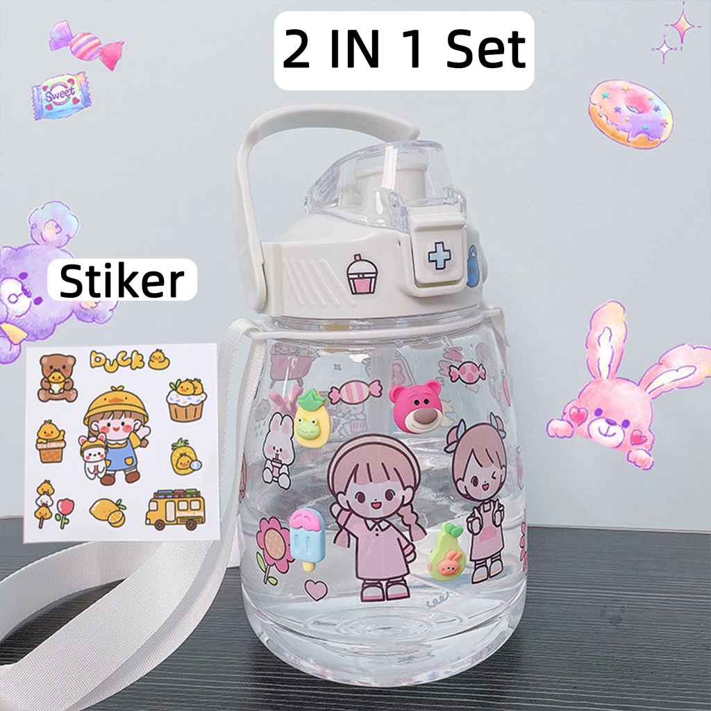 Botol Minum Anak Desain Unik Variasi Motif Karakter terdapat Sedotan BPA FREE bottol minum sedotan cangkir jerami cangkir plastik lucu cangkir kartun portabel 480ML 1000ML-full putih 2 IN 1