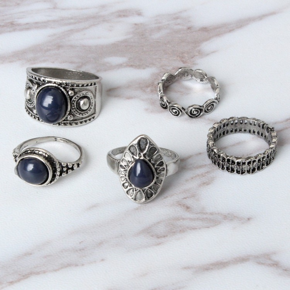 Hu Hu Hu Hu Hu Alat Bantu Pasang Kacamata♡ 5pcs / Set Cincin Alloy Gaya Vintage Bohemia Dengan Batu Biru Untuk Wanita