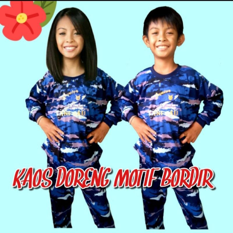 Baju kaos setelan anak lengan panjang loreng Army TNI-AU warna biru