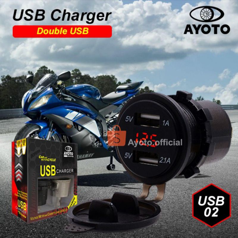 0Charger Motor Mobil AYOTO Dual USB Voltmeter LED Digital Waterproof motor/mobil