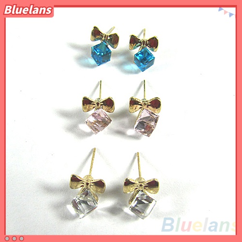 Anting Stud Berlian Imitasi Berkilau Bentuk Pita Kubus Untuk Wanita