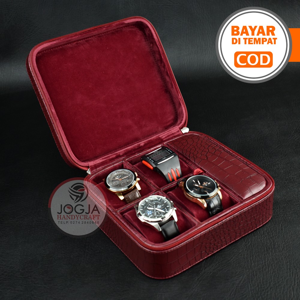 PREMIUM Travel Watch Box / Tempat Jam tangan travel / Kotak Jam Tangan Maroon Croco