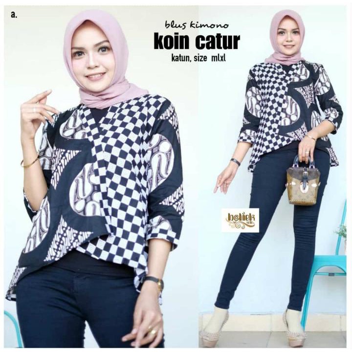 Blus Kimono Motif Koin Catur Wanita Hitam Keren Modern Premium Exclusive