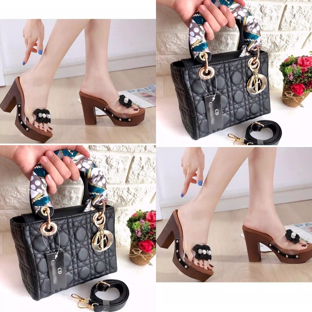 paket sandal heels dan tas selempang wanita dayana