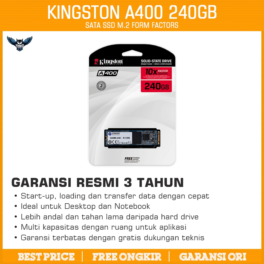 SSD M.2 KINGSTON A400 250GB - Ori Resmi 3 Tahun Sata M2 2280 3D Nand