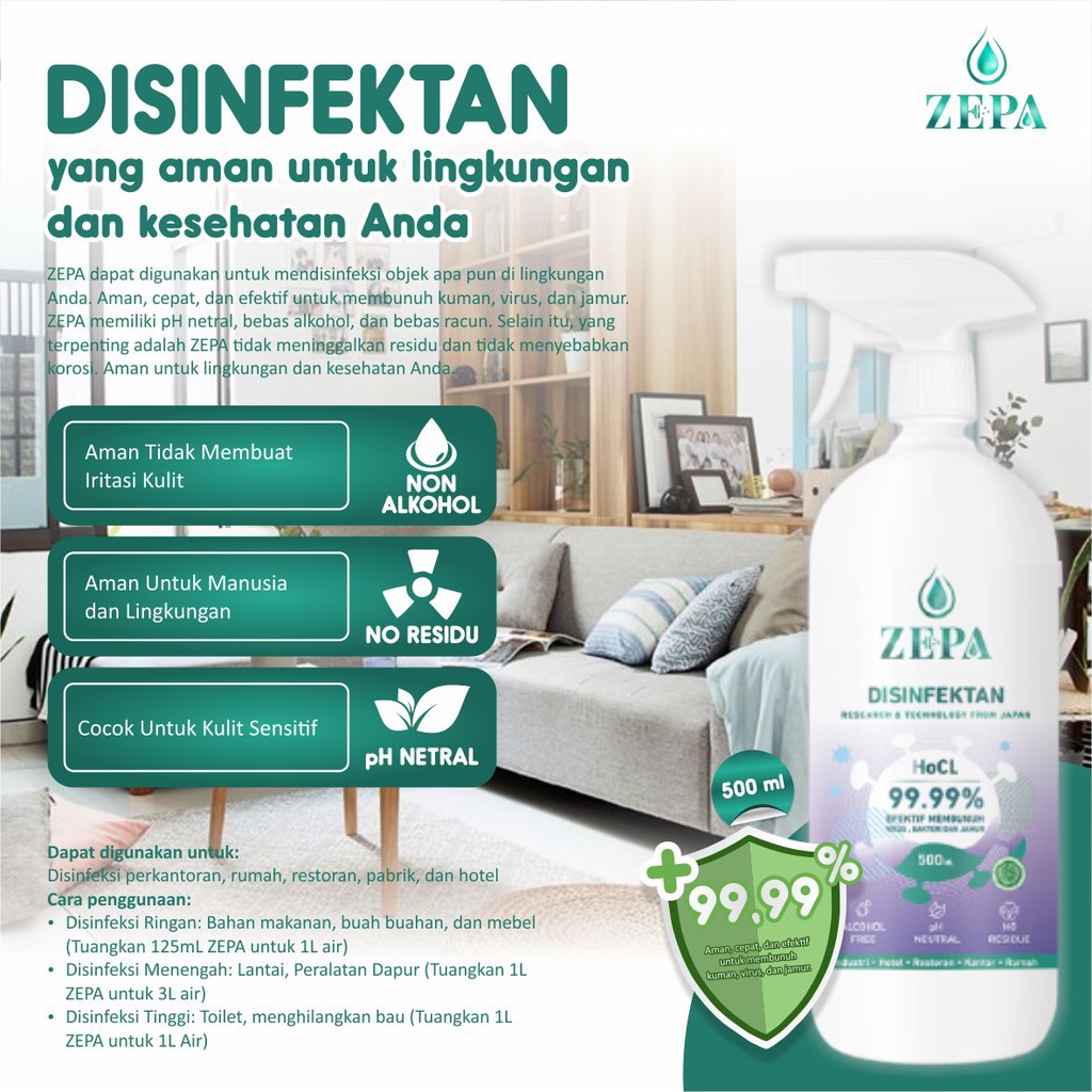 Disinfektan ZEPA 500ml + Trigger NON ALKOHOL / Disinfektan Rumah / Disinfektan Hocl / Disinfectant