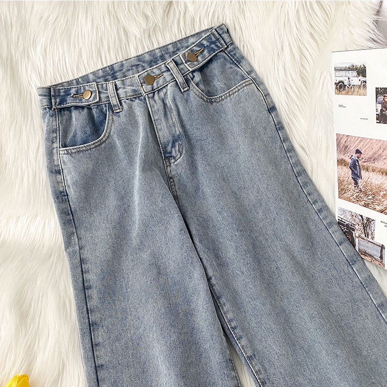 Highwaist Kulot Jeans Wanita Rawis Biru salju Celana Jeans Panjang