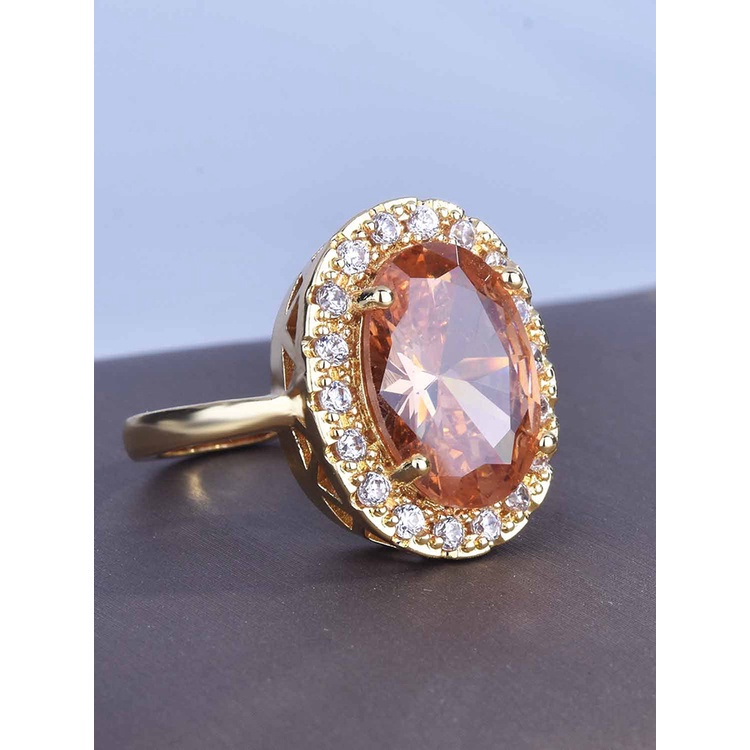 Fancyqube Cincin Kristal Zircon Bentuk Oval Warna Emas Sampanye Gaya Vintage Untuk Wanita