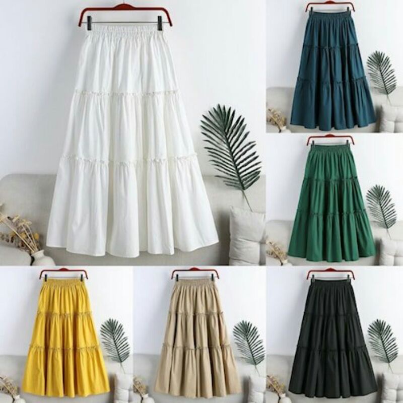 Rok Polos Panjang Wanita Mizuni Skirt Korea Ruffle Remaja Pinggang Karet Casual Kekinian Terbaru Mur