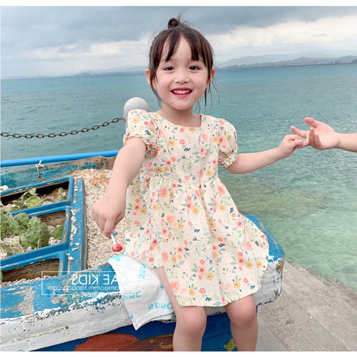 Dress Anak Perempuan Korean Fashion Floral Printed Short Sleeve Gaun