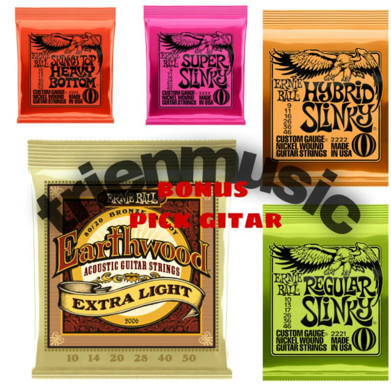 ORIGINAL SENAR GITAR ERNIEBALL ELEKTRIK AKUSTIK NYLON | ERNIE BALL REGULAR SLINKY-SUPER SLINKY-SLINKY TOP HEAVY BOTTOM-EARTH WOOD ACOUSTIC STRING-BLACK SILVER NYLON STRING-CLEAR SILVER STRING