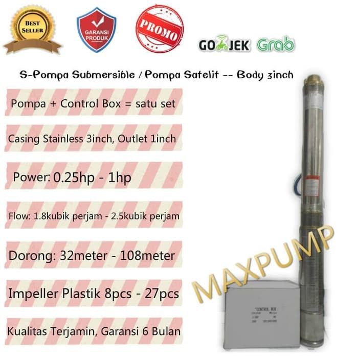 MAXPUMP 3SJM 1.8/8 Submersible Water pump 0.25HP Pompa Satelit Casing 3inch Casing Stainless Berkualitas