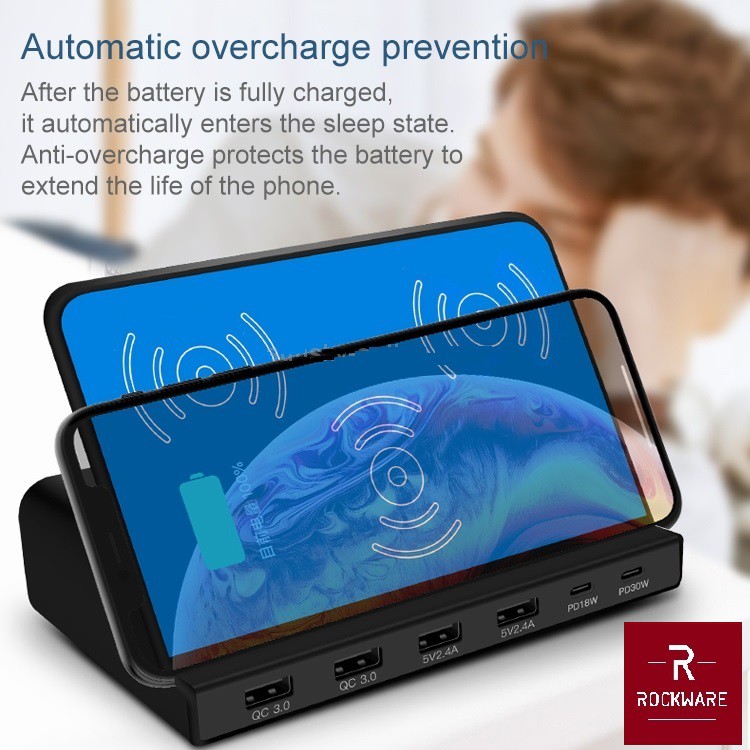 ROCKWARE 819 - 4 USB and 2 PD Port with Qi Wireless Charging - 120W - Charger Multiport Up To 9